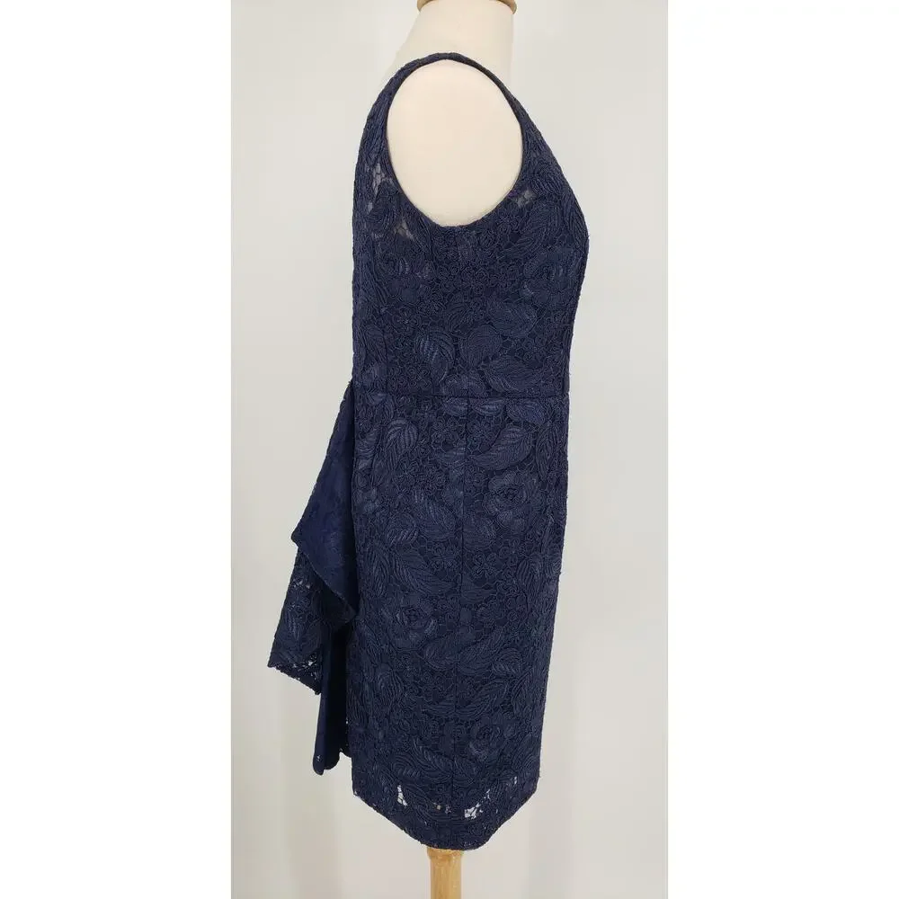 ML Monique Lhuillier Follow Suit Sheath Dress 12 Floral Leaf Lace Cocktail Navy - Picture 7 of 14